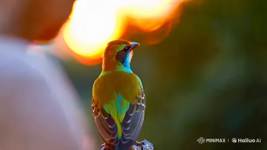 Graceful Bird in Golden Light with Iridescent Plumage – AI Generated Video | Hailuo AI