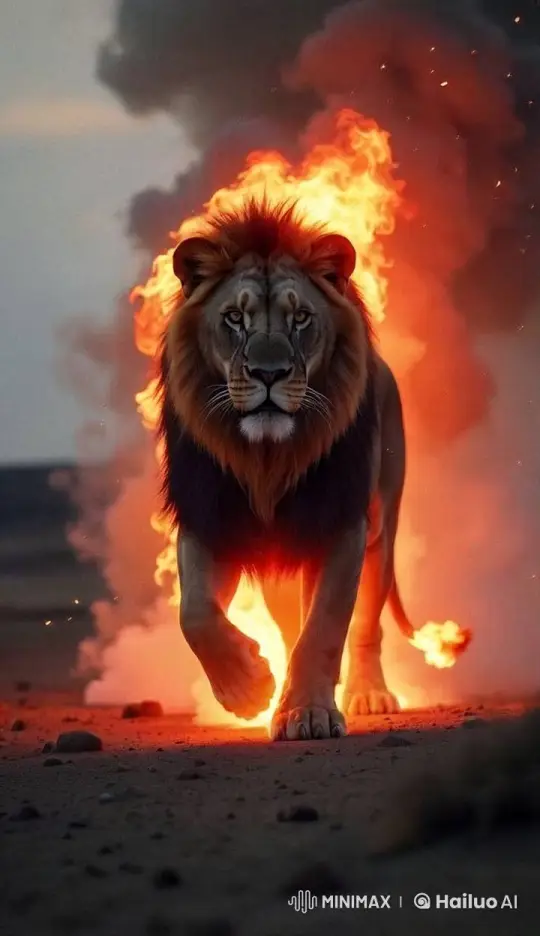 Flaming Lion Marches Through Fiery Desert Sunset – AI Generated Video | Hailuo AI