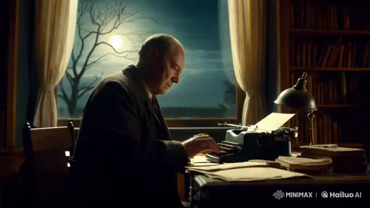 Nighttime Writer in Moonlit Study – AI Generated Video | Hailuo AI