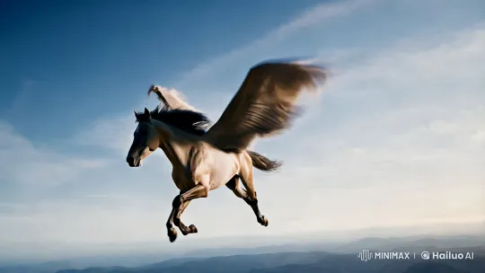 Majestic Flying Horse in Pristine Sky - Slow-Motion Beauty – AI Generated Video | Hailuo AI