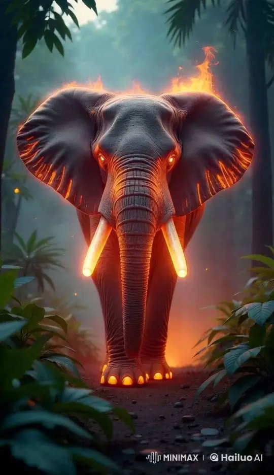 Luminous Elephant Glows with 3D Flames in Enchanted Jungle – AI Generated Video | Hailuo AI