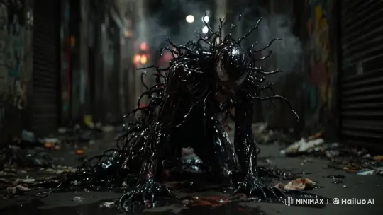 Man Transformed by Symbiote in Dark Alley Scene – AI Generated Video | Hailuo AI