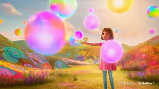 Surreal Landscape with Floating Memory Orbs and Contemplative Girl – AI Generated Video | Hailuo AI