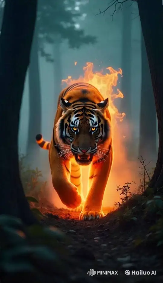 Mystical Tiger with 3D Flames Prowls Through Misted Forest – AI Generated Video | Hailuo AI