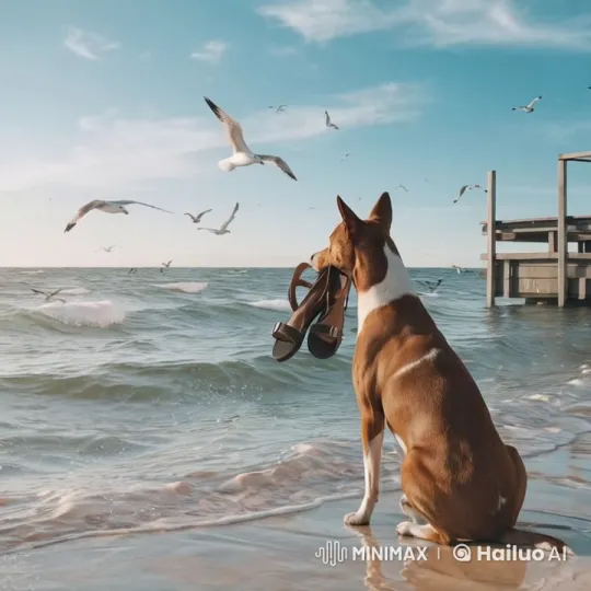 Seaside Dog with Sandals by Calm Beach – AI Generated Video | Hailuo AI