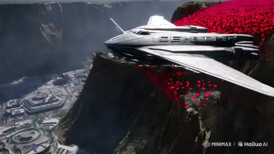 Demeter Spaceship Soars Over Heart-Shaped Flowers in Futuristic Metropolis – AI Generated Video | Hailuo AI