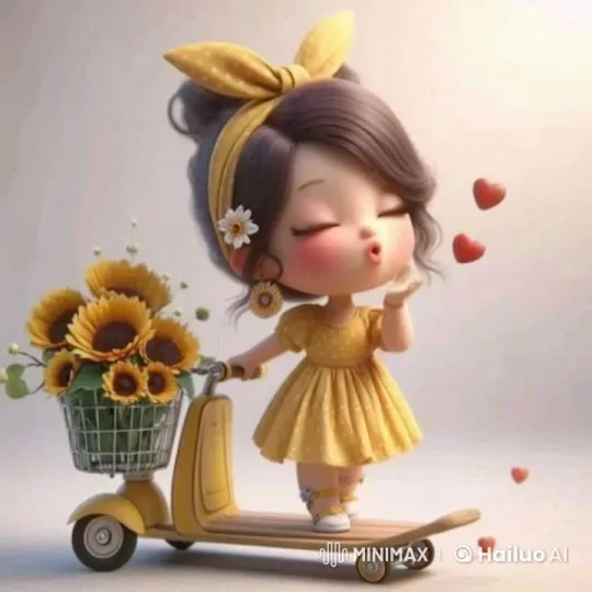 Animated Girl Blows Kisses with Sunflower Scooter – AI Generated Video | Hailuo AI