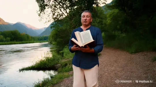 Contemplative Man Meditates by River, Reflecting on Faith – AI Generated Video | Hailuo AI