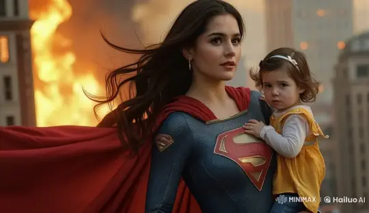 Supergirl Rescues Child Amidst City Fire – AI Generated Video | Hailuo AI