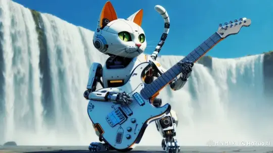 Robotic Cat Plays Guitar by Futuristic Waterfall – AI Generated Video | Hailuo AI