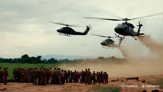 Vietnamese Soldier Aiming RPG at U.S. Choppers in 1970s Vietnam War Scene – AI Generated Video | Hailuo AI