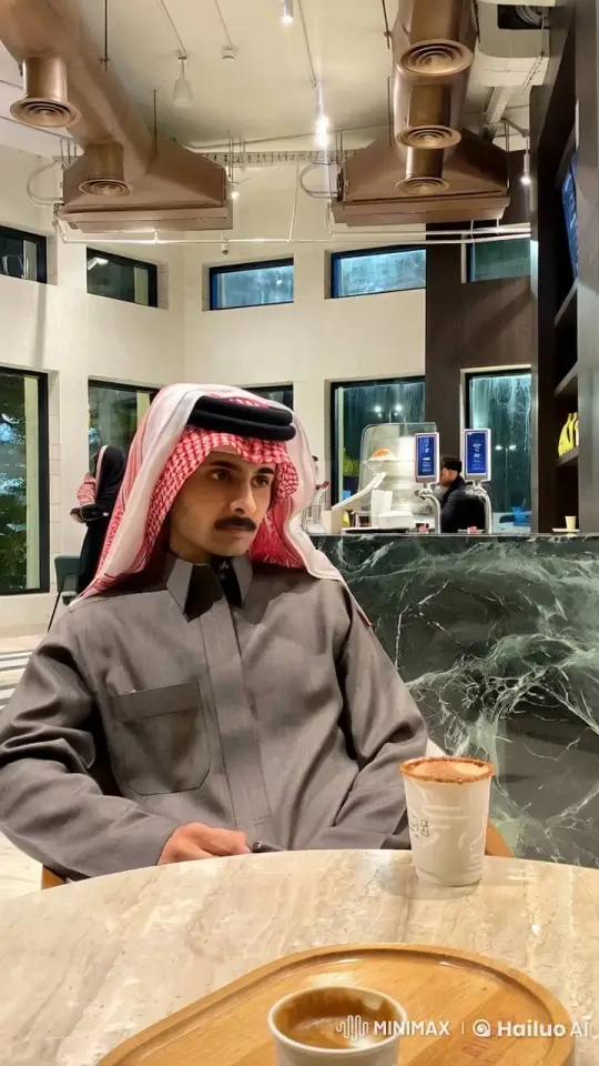 Traditional Man Contemplates in Modern Cafe – AI Generated Video | Hailuo AI