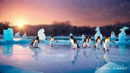 Penguins Tap Dance on Ice in Enchanted Frosty Setting – AI Generated Video | Hailuo AI