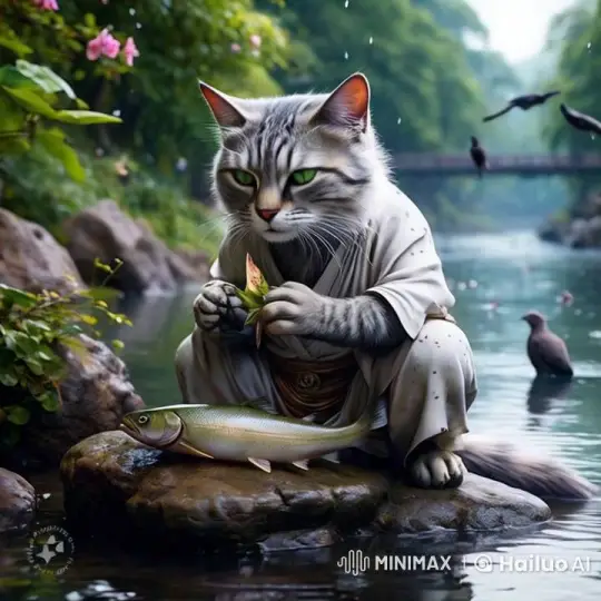 Anthropomorphic Cat Prepares Meal by Serene River – AI Generated Video | Hailuo AI