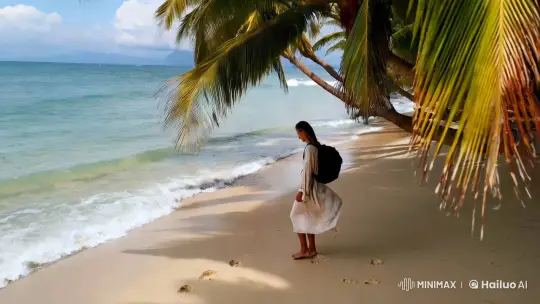 Backpacker Embraces Serenity on Tropical Coastline – AI Generated Video | Hailuo AI