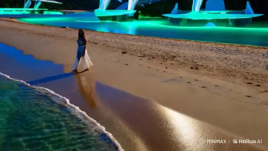 Futuristic Fashion Meets Bioluminescent Beach Elegance – AI Generated Video | Hailuo AI