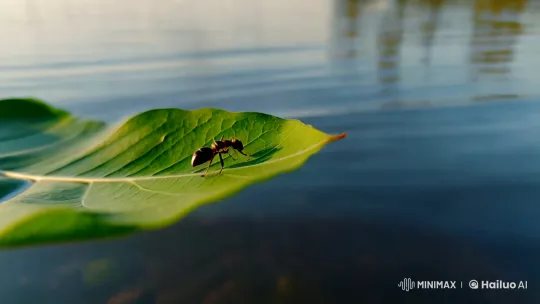 Ant on Leaf Journeys Across Serene Water – AI Generated Video | Hailuo AI