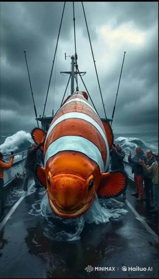 Gigantic Clownfish Caught by Fishermen Amid Storm – AI Generated Video | Hailuo AI