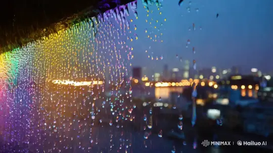 Vibrant Colored Rain Display in Serene Cityscape – AI Generated Video | Hailuo AI