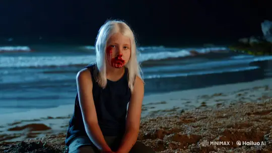 Night Beach Encounter: Aesthetic Shot of Injured Girl – AI Generated Video | Hailuo AI