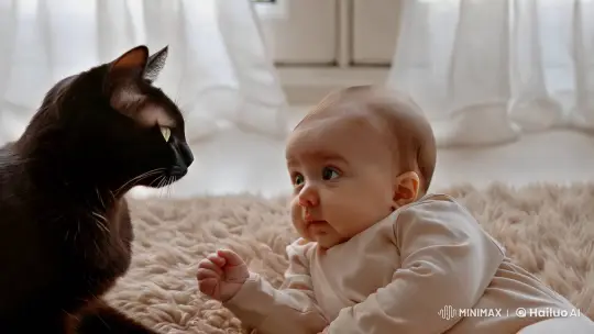 Intimate Bond: Cat and Baby in Serene Moment – AI Generated Video | Hailuo AI