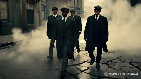 Peaky Blinders-inspired men walk through urban decay in photorealistic style. – AI Generated Video | Hailuo AI