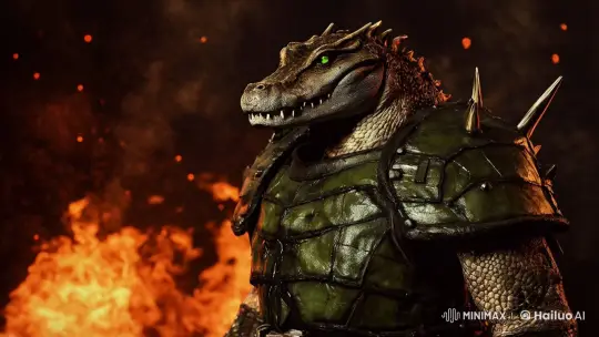 Fiery Reptilian Warrior Amidst Chaos – AI Generated Video | Hailuo AI