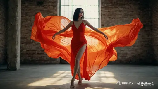 Red Dress Dance in Industrial Setting – AI Generated Video | Hailuo AI