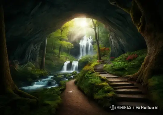 4K HDR Footage of a Serene Cave with Cascading Waterfall – AI Generated Video | Hailuo AI