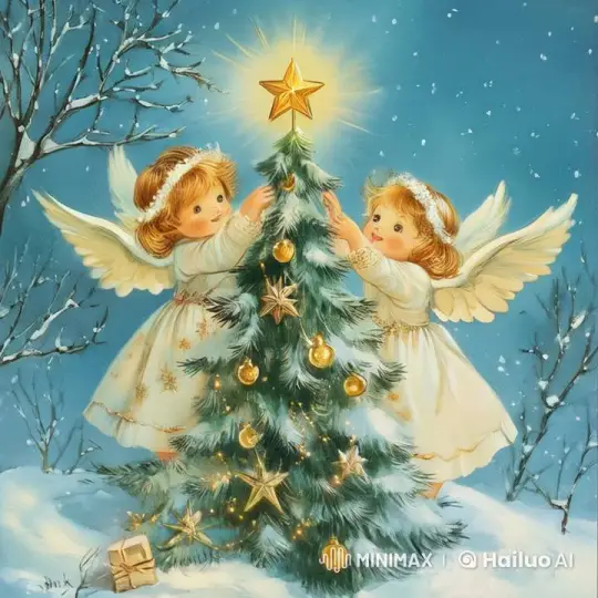 Angelic Girls Decorate a Snowy Christmas Tree with Stars – AI Generated Video | Hailuo AI