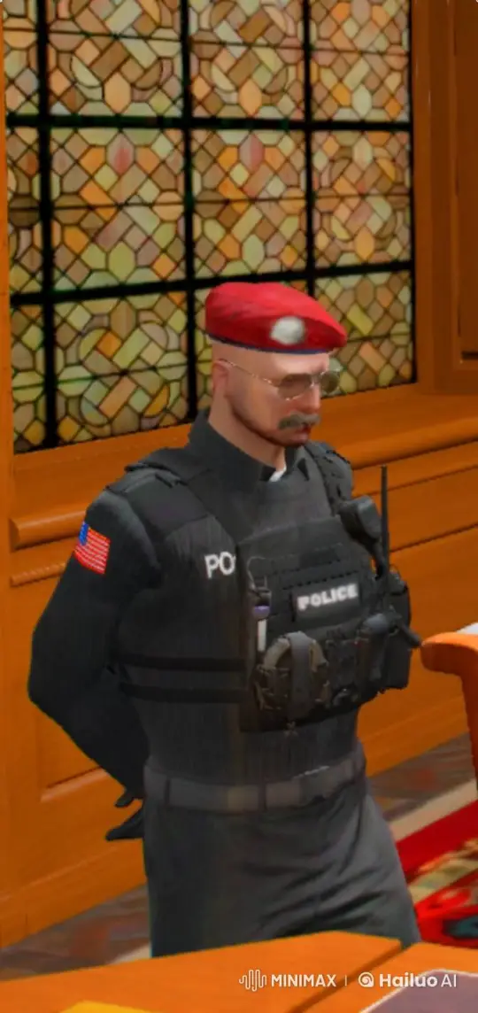 Officer Reflects in Stained Glass-Lit Room – AI Generated Video | Hailuo AI