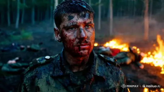 Ukrainian Soldier's Grim Portrait Amidst Battle Chaos – AI Generated Video | Hailuo AI