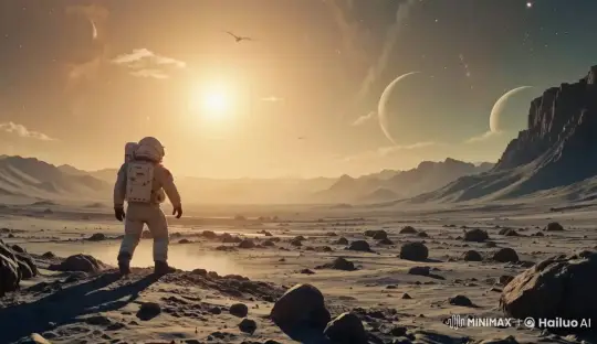 Astronaut Observes Alien Sunset with Planets and Creatures – AI Generated Video | Hailuo AI