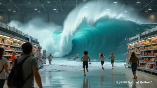 Colossal Wave Engulfs Supermarket in Shocking Chaos – AI Generated Video | Hailuo AI