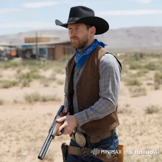 Cowboy Readies Rifle in Deserted Western Landscape – AI Generated Video | Hailuo AI