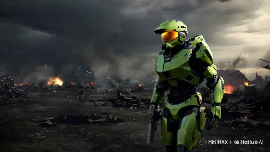 Master Chief Stands Guard in Desolate Warzone – AI Generated Video | Hailuo AI