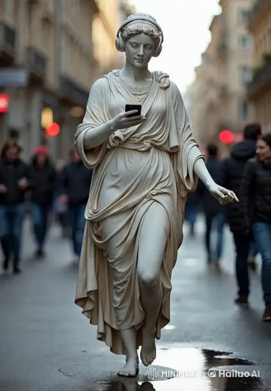 Ancient Statue Engages with Modern Tech in Bustling City – AI Generated Video | Hailuo AI