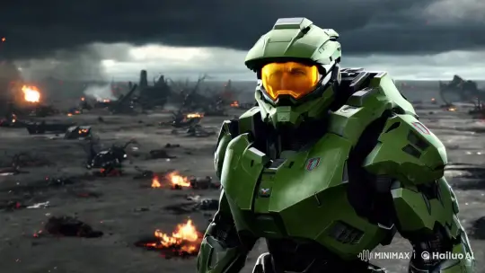 Master Chief Stands Guard in Desolate Warzone – AI Generated Video | Hailuo AI