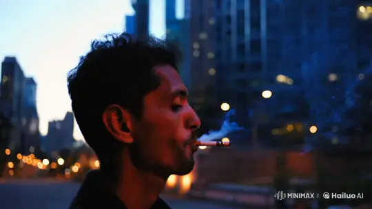 Contemplative Figure Smokes in Dusky Urban Landscape – AI Generated Video | Hailuo AI