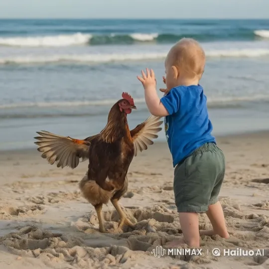Baby and Chicken Engage in Playful Fight on Beach – AI Generated Video | Hailuo AI