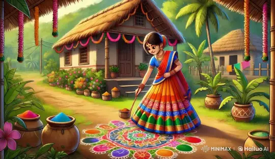 Village Girl Crafts Rangoli Amidst Greenery – AI Generated Video | Hailuo AI
