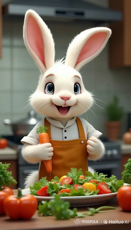 White Rabbit Chef Preparing Salad with Live2D Animation – AI Generated Video | Hailuo AI