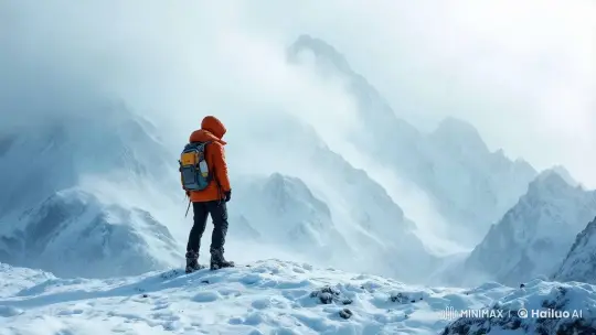 Solitary Hiker on Snowy Mountain Peak – AI Generated Video | Hailuo AI