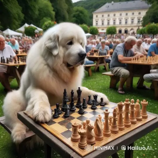 Fluffy Dog Plays Chess with Autonomous King in Outdoor Tournament – AI Generated Video | Hailuo AI