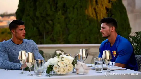 Morning Terrace: Ronaldo and Messi in Contemplative Dialogue – AI Generated Video | Hailuo AI