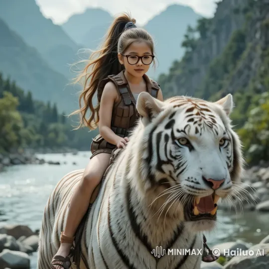 Girl and White Tiger Journey Through Mountainous Wilderness – AI Generated Video | Hailuo AI