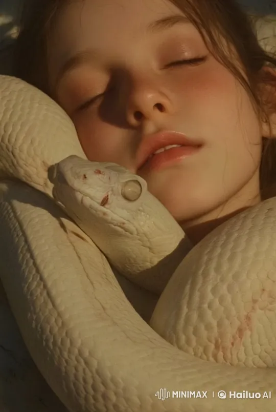 Young Girl Calmly Rests with Snake Coiled Around Her Neck – AI Generated Video | Hailuo AI