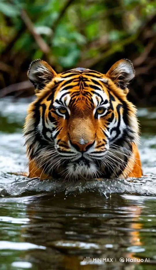 Tiger Serenely Floats in Shallow River – AI Generated Video | Hailuo AI
