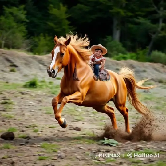 Baby Riding Joyfully on Fast Horse in Lush Greenery – AI Generated Video | Hailuo AI