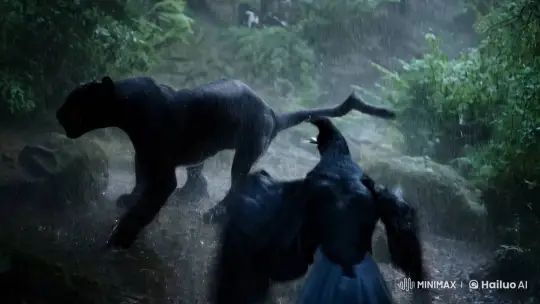 Majestic Black Panther and Raven's Fierce Struggle in Torrential Rain – AI Generated Video | Hailuo AI
